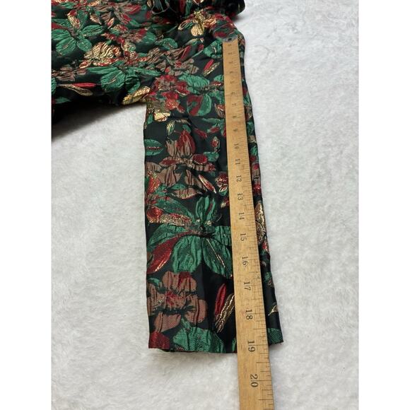 Shop the Mint Metallic Floral Holiday Top Bow Tie Neck Blouse Green Red Small - Picture 9 of 14